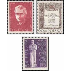 3 عدد تمبر یادبود صدمین سال تولد ماری کوری - لهستان 1967