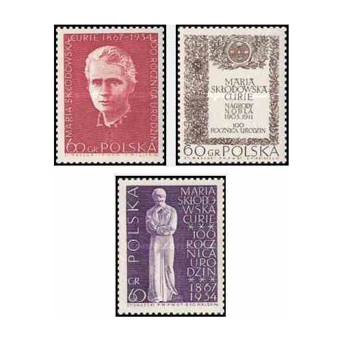 3 عدد تمبر یادبود صدمین سال تولد ماری کوری - لهستان 1967
