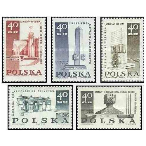5 عدد تمبر بناهای یادبود قربانیان جنگ جهانی دوم - لهستان 1968