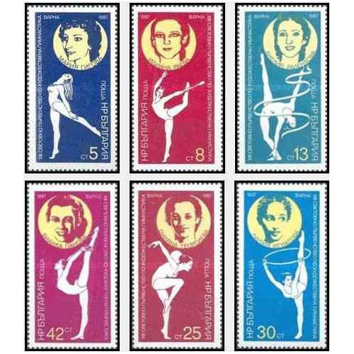 6 عدد تمبر مسابقات قهرمانی جهانی ژیمناستیک ریتمیک در وارنا - بلغارستان 1987