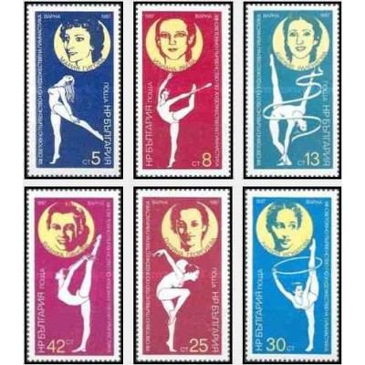 6 عدد تمبر مسابقات قهرمانی جهانی ژیمناستیک ریتمیک در وارنا - بلغارستان 1987