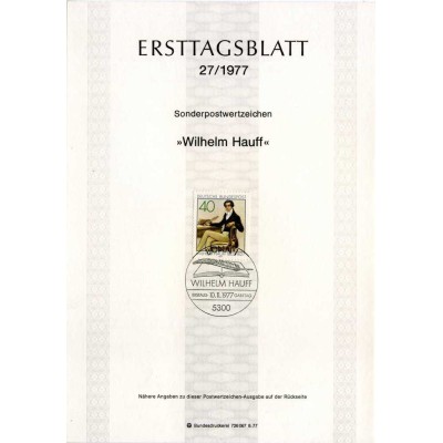 برگه اولین روز انتشار تمبر صد و پنجاهمین سالگرد درگذشت ویلهلم هاف - جمهوری فدرال آلمان 1977
