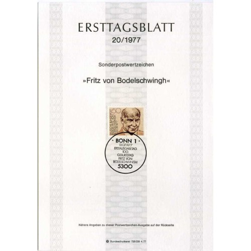برگه اولین روز انتشار تمبر صدمین سالگرد تولد فریتز فون بودلشوینگ، بارتون - جمهوری فدرال آلمان 1977