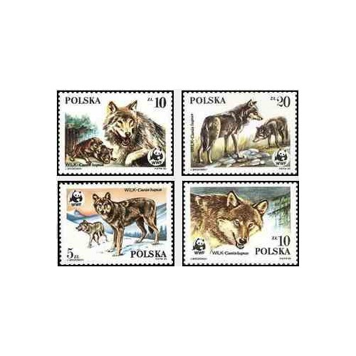 4 عدد تمبر حیوانات محافظت شده - گرگها - WWF - لهستان 1985