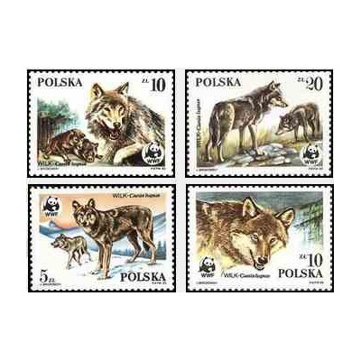 4 عدد تمبر حیوانات محافظت شده - گرگها - WWF - لهستان 1985