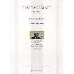 برگه اولین روز انتشار تمبر سیاستمدار ژان مونه - شهروند افتخاری اروپا - جمهوری فدرال آلمان 1977