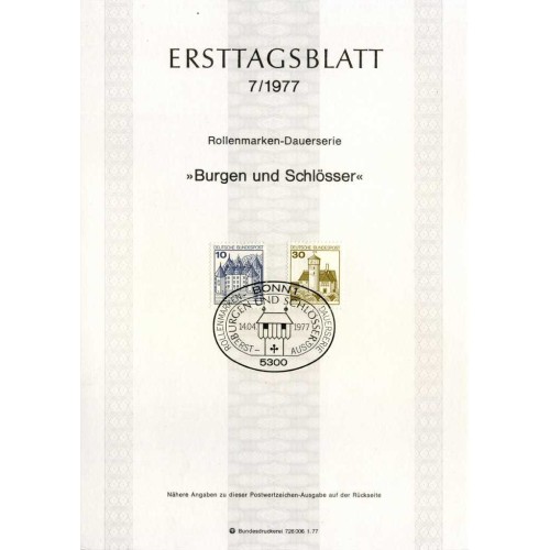 برگه اولین روز انتشار تمبرهای سری پستی کاخ ها و قلعه ها - 10 و 30 - جمهوری فدرال آلمان 1977