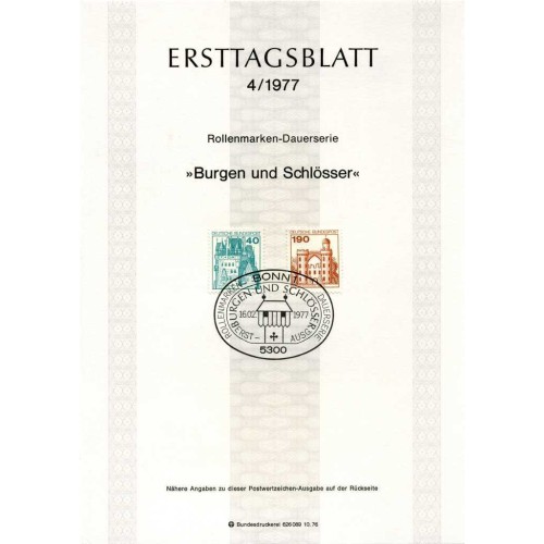 برگه اولین روز انتشار تمبرهای سری پستی کاخ ها و قلعه ها - 40 و 190 - جمهوری فدرال آلمان 1977
