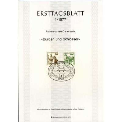برگه اولین روز انتشار تمبرهای سری پستی کاخ ها و قلعه ها - 60 و 200 - جمهوری فدرال آلمان 1977