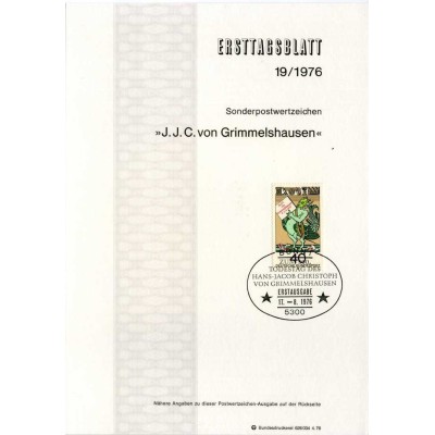 برگه اولین روز انتشار تمبر سیصدمین سالگرد مرگ گریملشاوزن، نویسنده - جمهوری فدرال آلمان 1976
