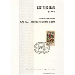 برگه اولین روز انتشار تمبر چهارصدمین سالگرد درگذشت هانس ساکس - جمهوری فدرال آلمان 1976