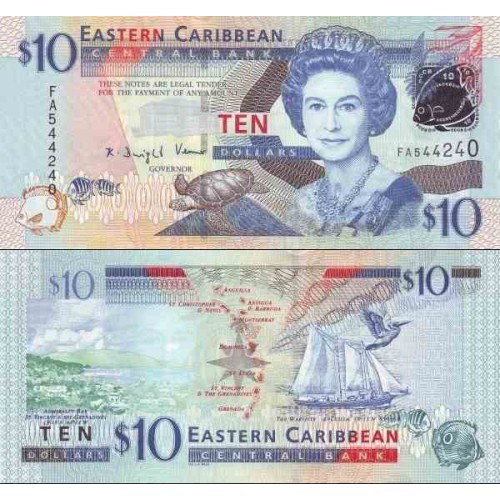 اسکناس 10 دلار - تصویر ملکه الیزابت دوم - کارائیب شرقی 2008