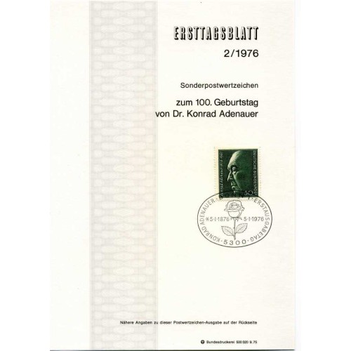 برگه اولین روز انتشار تمبر صدمین سالگرد تولد دکتر کنراد آدناور - جمهوری فدرال آلمان 1976