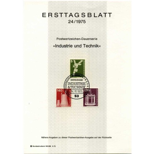 برگه اولین روز انتشار تمبرهای سری پستی صنعت و تکنیک - 5 و 140 و 200 - جمهوری فدرال آلمان 1975