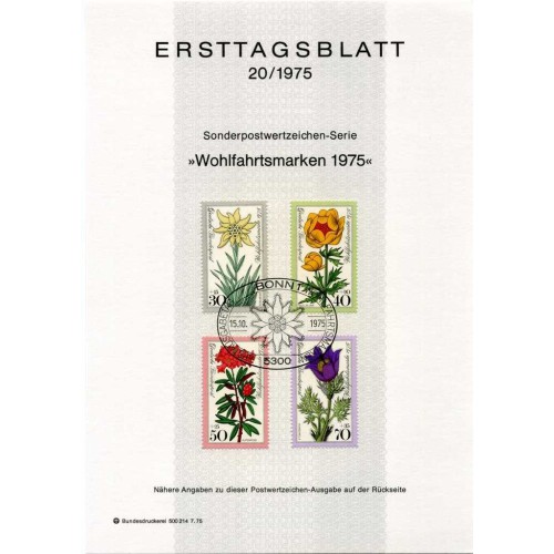 برگه اولین روز انتشار تمبر تمبرهای خیریه - گل های آلپ - جمهوری فدرال آلمان 1975