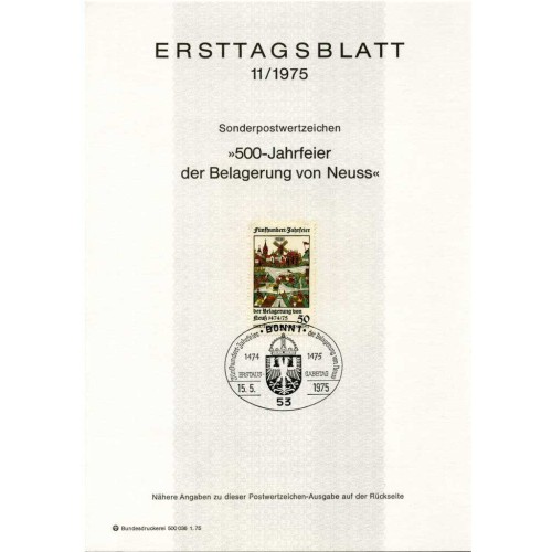 برگه اولین روز انتشار تمبر پانصدمین سالگرد محاصره Neuss - جمهوری فدرال آلمان 1975