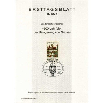 برگه اولین روز انتشار تمبر پانصدمین سالگرد محاصره Neuss - جمهوری فدرال آلمان 1975