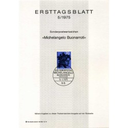 برگه اولین روز انتشار تمبر پانصدمین سالگرد تولد میکل آنژ بووناروتی، هنرمند - جمهوری فدرال آلمان 1975