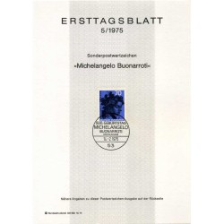 برگه اولین روز انتشار تمبر پانصدمین سالگرد تولد میکل آنژ بووناروتی، هنرمند - جمهوری فدرال آلمان 1975