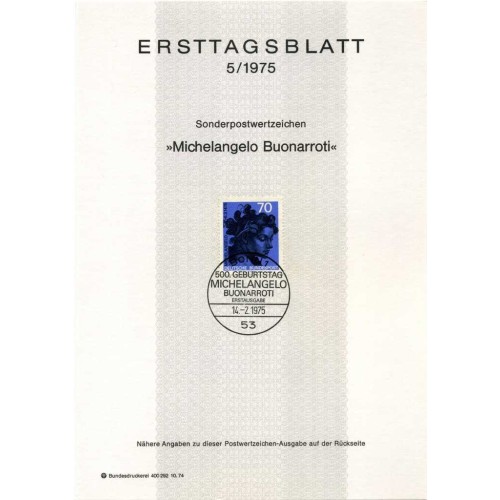 برگه اولین روز انتشار تمبر پانصدمین سالگرد تولد میکل آنژ بووناروتی، هنرمند - جمهوری فدرال آلمان 1975