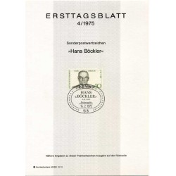 برگه اولین روز انتشار تمبر صدمین سالگرد تولد هانس بوکلر، رهبر اتحادیه کارگری - جمهوری فدرال آلمان 1975