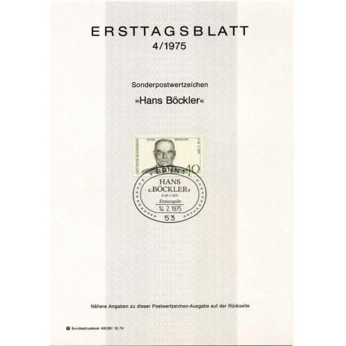 برگه اولین روز انتشار تمبر صدمین سالگرد تولد هانس بوکلر، رهبر اتحادیه کارگری - جمهوری فدرال آلمان 1975