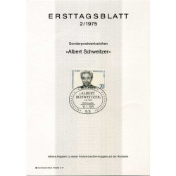 برگه اولین روز انتشار تمبر صدمین سالگرد تولد آلبرت شوایتزر  - جمهوری فدرال آلمان 1975