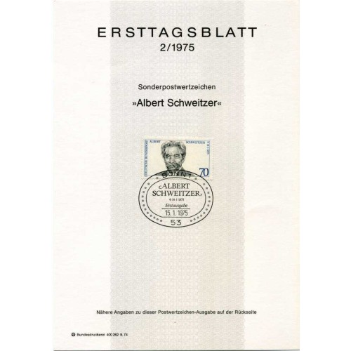 برگه اولین روز انتشار تمبر صدمین سالگرد تولد آلبرت شوایتزر  - جمهوری فدرال آلمان 1975