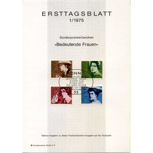 برگه اولین روز انتشار تمبر زنان مشهور  - جمهوری فدرال آلمان 1974