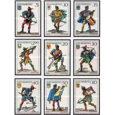 9 عدد تمبر لباسهای تاریخی و نشانهای دولتی - سان مارینو 1973