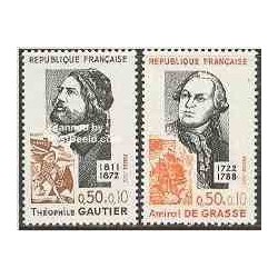 2 عدد تمبر افراد مشهور - گاتیر ، دی گراس - با تب - فرانسه 1972