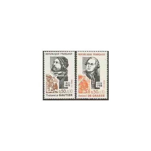 2 عدد تمبر افراد مشهور - گاتیر ، دی گراس - با تب - فرانسه 1972