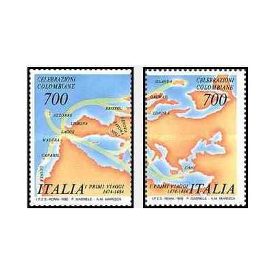 2 عدد تمبر اولین سفر کریستف کلمب - ایتالیا 1990
