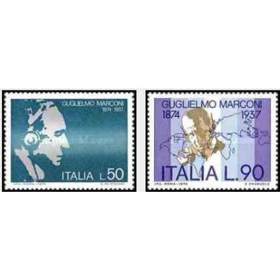 2 عدد تمبر صدمین سالگرد تولد مارکونی- برنده جایزه نوبل - ایتالیا 1974