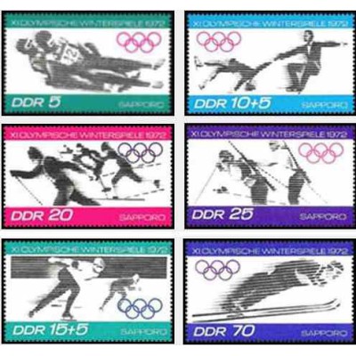6 عدد تمبر المپیک زمستانی ساپورو ، ژاپن - جمهوری دموکراتیک آلمان 1971