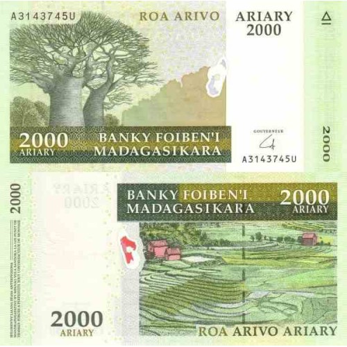 اسکناس 2000 آریاری - ماداگاسکار 2010 بدون ذکر مبلغ به فرانک در حاشیه