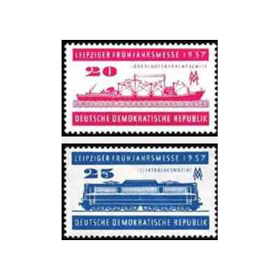 2 عدد تمبر نمایشگاه بهاره لایپزیک - تصویر قطار و کشتی  - جمهوری دموکراتیک آلمان 1957