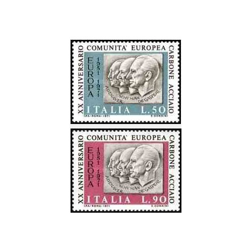 2 عدد تمبر بیستمین سالگرد انجمن زغال سنگ و فولاد اروپا - ایتالیا 1971