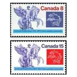 2 عدد تمبر صدمین سال اتحادیه جهانی پست - UPU - کانادا 1974