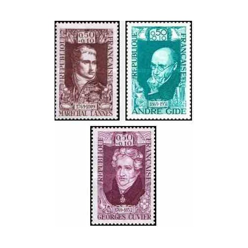 3 عدد تمبر چهره های نامدار فرانسوی - ژنرال لانه ، آندره گاید ، جورج خاویر  - فرانسه 1969