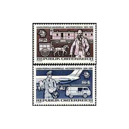 2 عدد تمبر صدمین سال اتحادیه جهانی پست - UPU - اتریش 1974 2 عدد تمبر صدمین سال اتحادیه جهانی پست - UPU - اتریش 1974