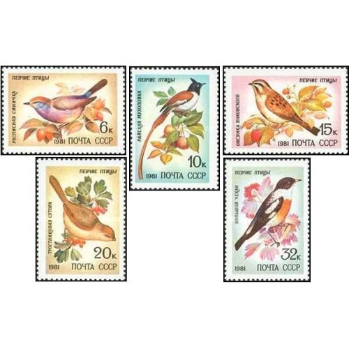 5 عدد  تمبر پرندگان آوازخوان - شوروی 1981