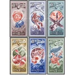 6 عدد تمبر بیستمین سالگرد اکتشاف فضایی - شوروی 1977