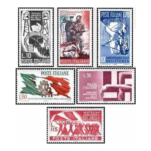 6 عدد تمبر بیستمین سال جنبش مقاومت در جنگ دوم جهانی  - ایتالیا 1965