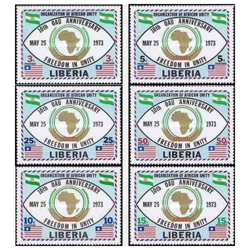 6 عدد تمبر دهمین سالگرد سازمان اتحاد آفریقا - لیبریا 1973