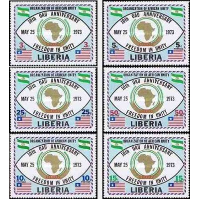 6 عدد تمبر دهمین سالگرد سازمان اتحاد آفریقا - لیبریا 1973
