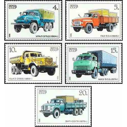 5 عدد تمبر صنعت اتومبیل سازی شوروی - کامیونها - شوروی 1986