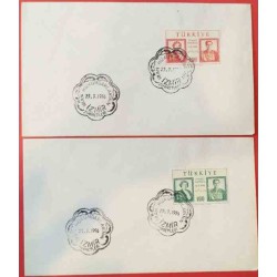 2 عدد پاکت مهر روز بازدید محمدرضا پهلوی و ثریا از  ترکیه - با مهر ازمیر - ترکیه 1956 توضیح دارد