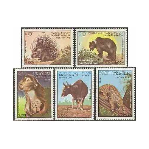 5 عدد تمبر حیوانات - پستانداران - لائوس 1985