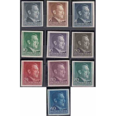 10 عدد تمبر  سری پستی هیتلر - بیدندانه - دولت مرکزی آلمان 1941 بسیار کمیاب